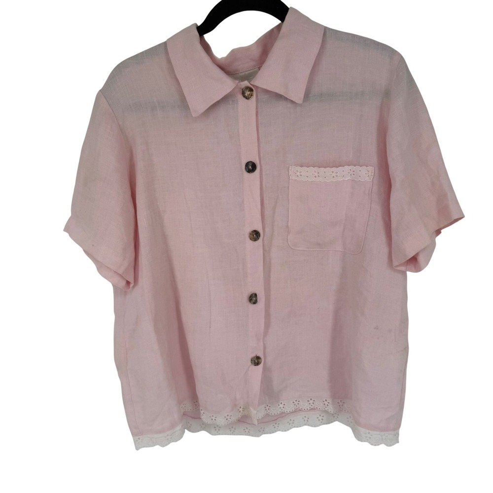 Chalet‎ Linen Button Up Shirt Womens Medium Pink Lace Trim Short Sleeve